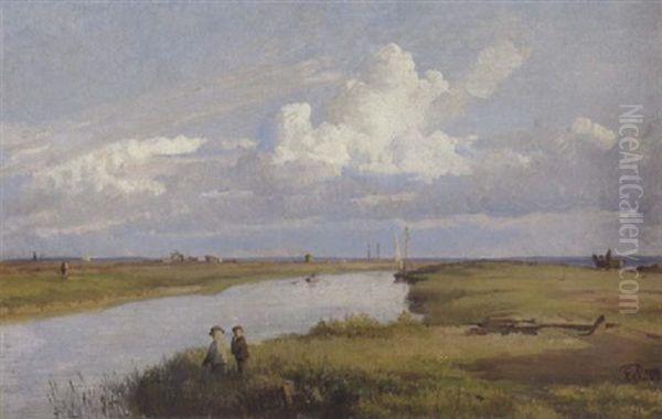 To Drenge Ved En Hollandsk Kanal Naer Delft Oil Painting by Edvard Frederik Petersen