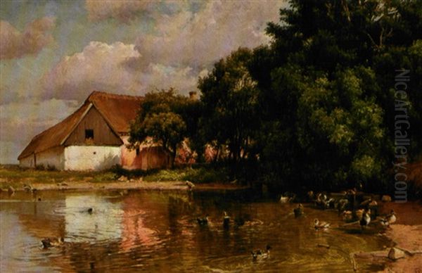 Ved Landsbyens Gadekaer Oil Painting by Edvard Frederik Petersen