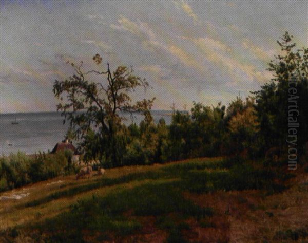 Kystparti Nord For Kobenhavn Med Graessende Far Oil Painting by Edvard Frederik Petersen