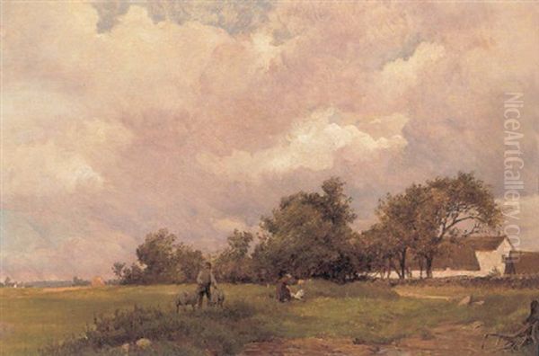 Bondemand Og Bondekone Pa En Mark Ved En Gard Oil Painting by Edvard Frederik Petersen