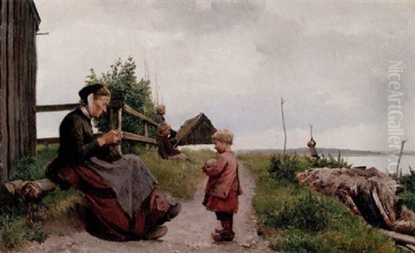 Sommarlandskap - Kvinna Med Handarbete Och Lekande Barn Oil Painting by Edvard Frederik Petersen