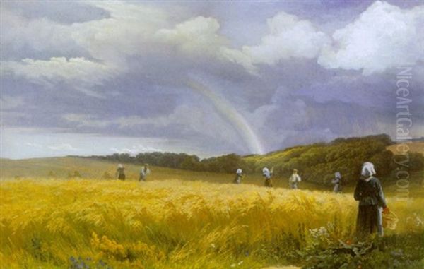 Dansk Sensommerlandskab Met Hostarbejdere, I Baggrunden Tunge Skyer Med Regnbue Oil Painting by Edvard Frederik Petersen