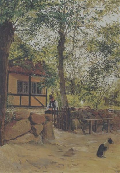 Parti Fra Hosterkob Med Mand Og Hund Ved Et Hus Oil Painting by Edvard Frederik Petersen