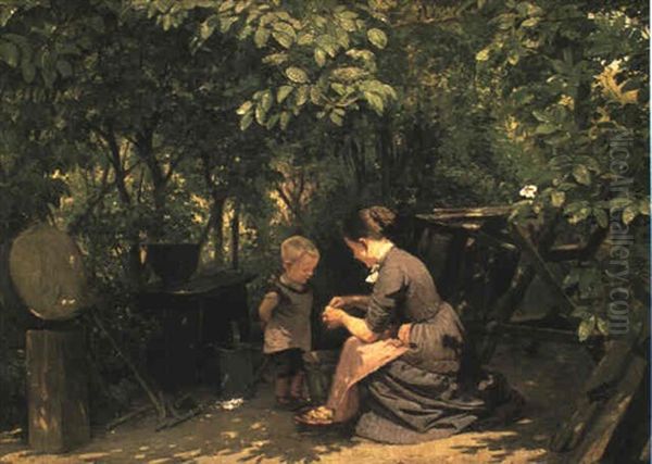 Lille Dreng Og Hans Mor Der Skraeller Kartofler I Haven [and] Mandshoved [dim: 22 X 22cm] Oil Painting by Edvard Frederik Petersen