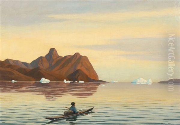 Kayak On Godthabsfjorden Oil Painting by Emanuel A. Petersen