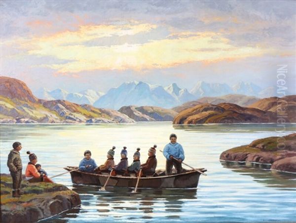 An Umiak In A Greenlandic Fiord Oil Painting by Emanuel A. Petersen