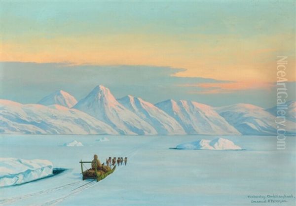 Scenery From Greenland With A Dog Sledge Oil Painting by Emanuel A. Petersen