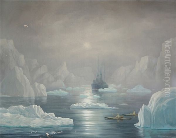 Kayaks And A Ship In A Greenlandic Fiord Oil Painting by Emanuel A. Petersen