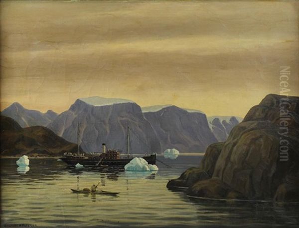 Fjord In Greenland With Local Fisherman In The Foreground Oil Painting by Emanuel A. Petersen