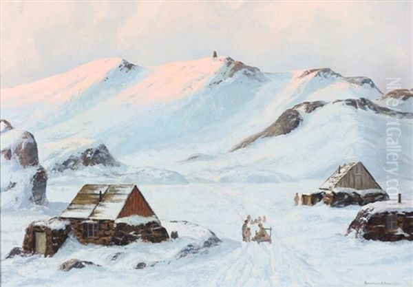 A Family And Their Sleigh Dogs In A Village In Greenland Oil Painting by Emanuel A. Petersen