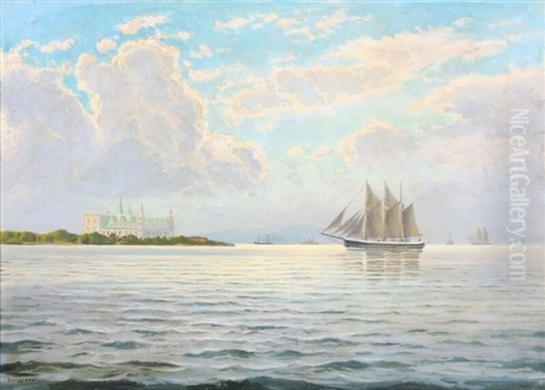 A Sailship In The Sun Of The Coast Near Kronborg Castle Oil Painting by Emanuel A. Petersen