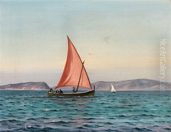 Fishermen In A Dinghy Off A Rocky Coast Oil Painting by Emanuel A. Petersen