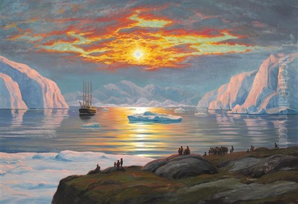 View Of A Greenlandic Fiord Lit Up By The Midsummer Sun Oil Painting by Emanuel A. Petersen