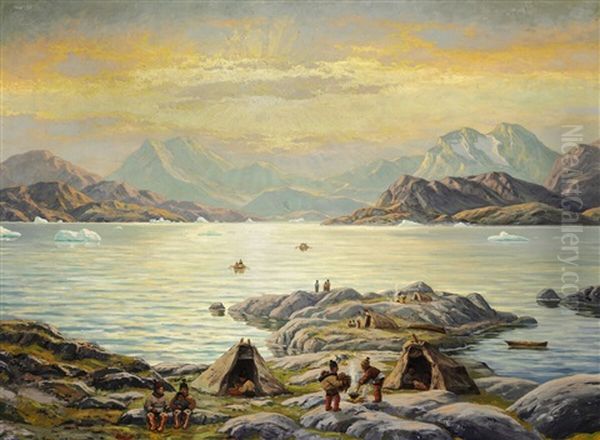 Summer Day At A Greenlandic Fiord With Women Preparing Food Over Open Fire Oil Painting by Emanuel A. Petersen