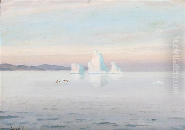 View From The Disko Bay With Two Seal Catchers Oil Painting by Emanuel A. Petersen