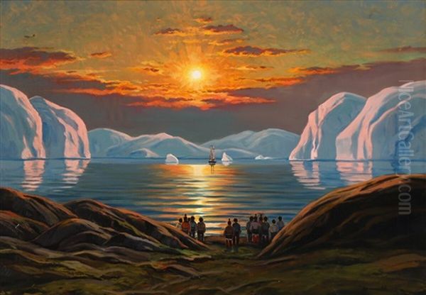 Sunset View Of A Sailing Ship Arriving At A Greenland Settlement Oil Painting by Emanuel A. Petersen