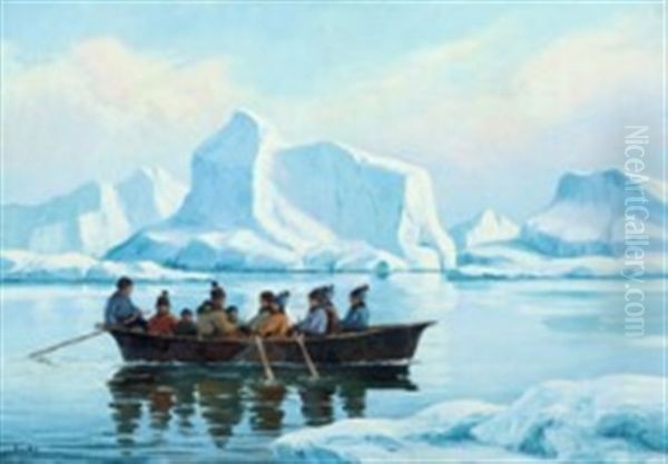 Umiak In A Greenlandic Fjord Oil Painting by Emanuel A. Petersen