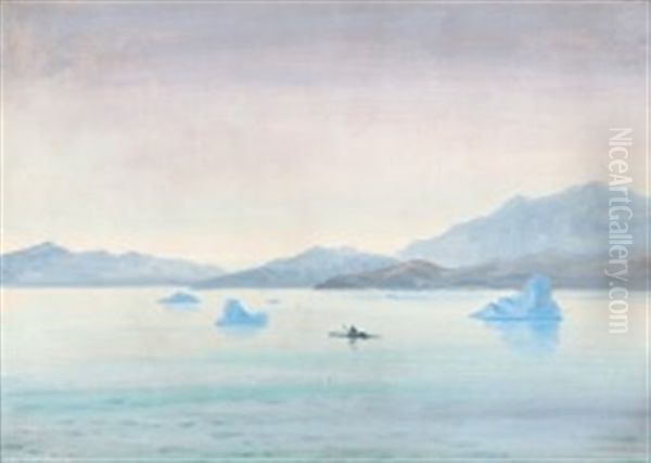 A Greenlandic Seal Catcher In His Kayak Oil Painting by Emanuel A. Petersen