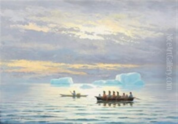 An Umiak And A Kayak On A Greenlandic Fjord Oil Painting by Emanuel A. Petersen