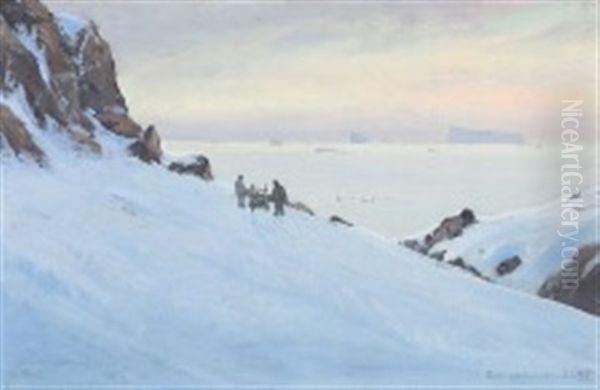 A Dog Sledge Near Torssukatak Sound Oil Painting by Emanuel A. Petersen