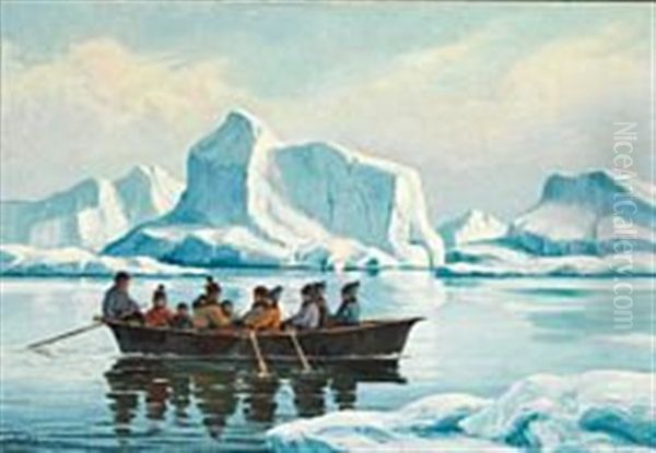 Umiak In A Greenlandic Fjord Oil Painting by Emanuel A. Petersen