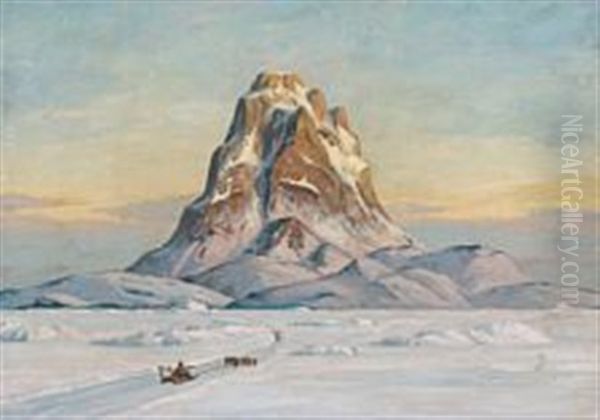 A Dog Sledge On Its Way Towards Sugar Loaf, Greenland Oil Painting by Emanuel A. Petersen