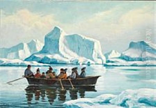 Umiak In A Greenlandic Fjord Oil Painting by Emanuel A. Petersen