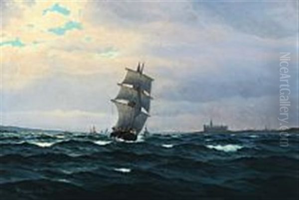 Seascape With Sailing Ships And Steamships Off Kronborg, Denmark Oil Painting by Emanuel A. Petersen