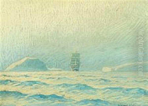 A Two-master Among Icebergs Oil Painting by Emanuel A. Petersen