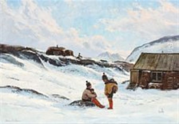 A Family Of Inuits In Front Of Their House Oil Painting by Emanuel A. Petersen