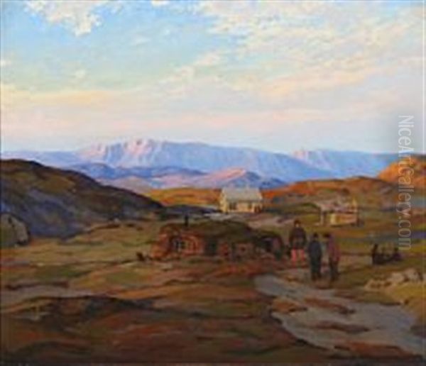 A North Greenlandic Settlement, Vaigattet Oil Painting by Emanuel A. Petersen