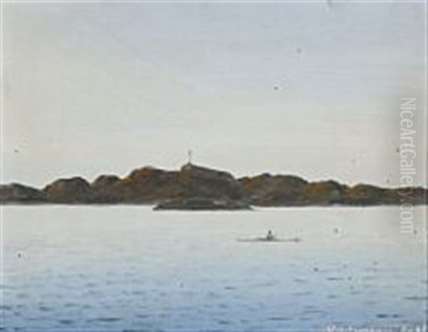 A Man In A Kayak Off Sisimiut (holsteinsborg) In Greeland Oil Painting by Emanuel A. Petersen