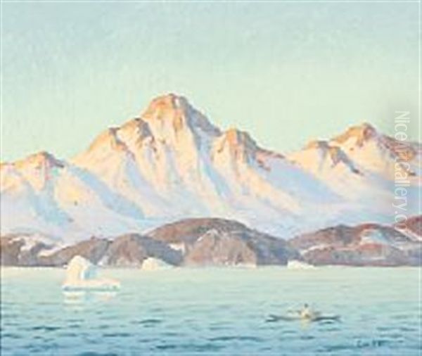 Golden Sunbeams Reflecting In The Mountains On Greenland Oil Painting by Emanuel A. Petersen