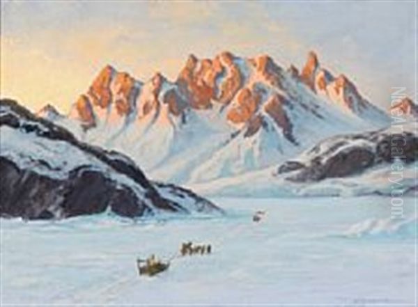 Inuits On A Sledge Ride In Greenland Oil Painting by Emanuel A. Petersen