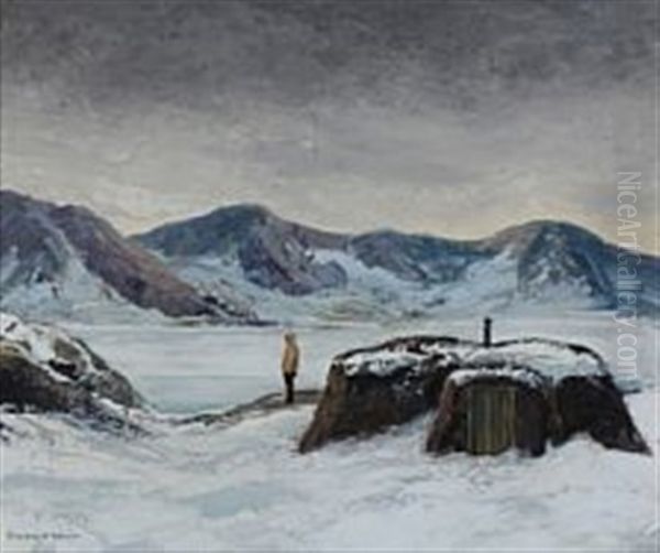 An Inuit Is Looking At The Snowy Landscape Of Greenland Oil Painting by Emanuel A. Petersen