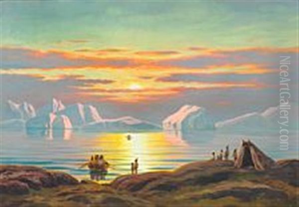 Sunset At Christianshab (quasigiannguit) Oil Painting by Emanuel A. Petersen