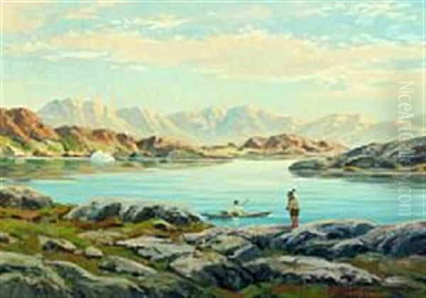 Greenlandic Fjordscape With Inuit Couple Oil Painting by Emanuel A. Petersen