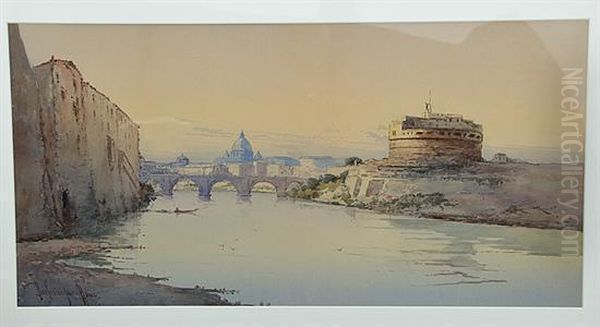 Castel Sant Angelo And St Peters From The Tiber Oil Painting by Vikentios Boccheciampe