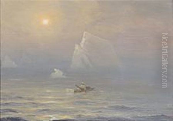 A Greenlandic Hunter In His Kayak On A Hazy Day Oil Painting by Emanuel A. Petersen