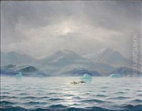 Two Kayakers In The Disco Bay Oil Painting by Emanuel A. Petersen