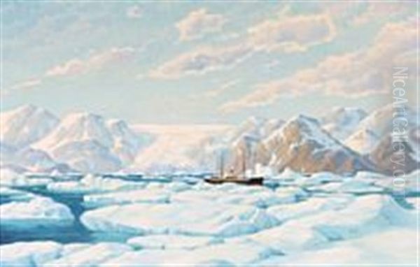 A Ship Is Making Its Way Through The Drifting Ice, Greenland Oil Painting by Emanuel A. Petersen