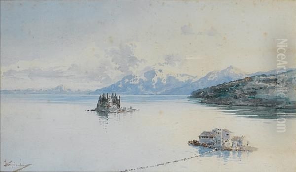 The Islands Of Pontikonissi And Vlacherna, Corfu Oil Painting by Vikentios Boccheciampe