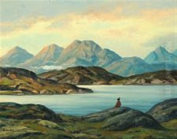 View From Oqaatsut/rodebay With Inuit Girl Viewing The Fells Of Greenland Oil Painting by Emanuel A. Petersen