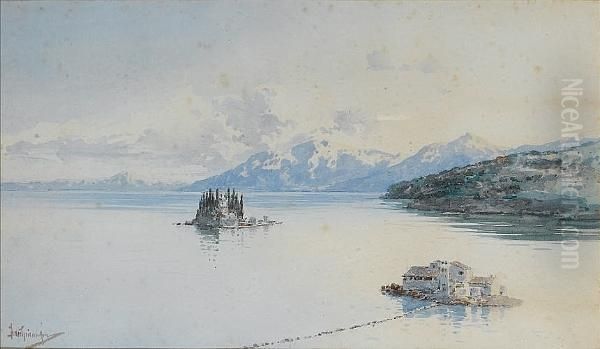 The Islands Of Pontikonissi And Vlacherna,corfu Oil Painting by Vikentios Boccheciampe