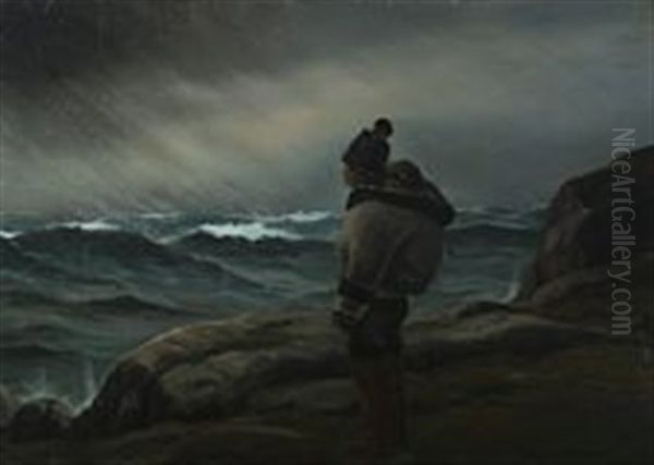 Coastal Scene From Greenland With Inuit Woman Gazing At The Horizon Oil Painting by Emanuel A. Petersen