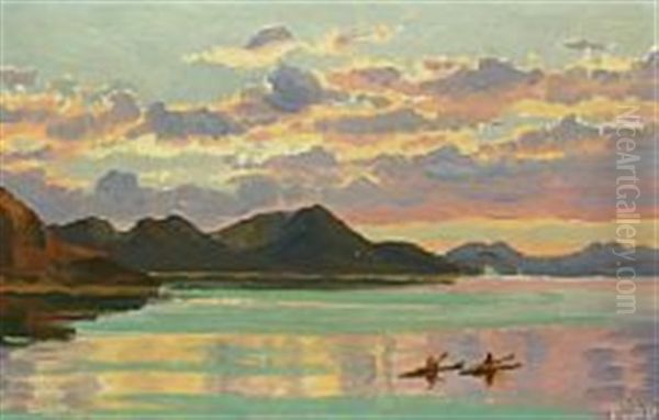 View From A Greenlandic Firth With Reddened Sky And Two Kayaks Oil Painting by Emanuel A. Petersen