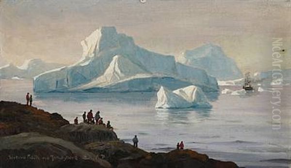 View From Ilulissat (jakobshavn) With The Ship Gertrud Rask Leaving Greenland by Emanuel A. Petersen