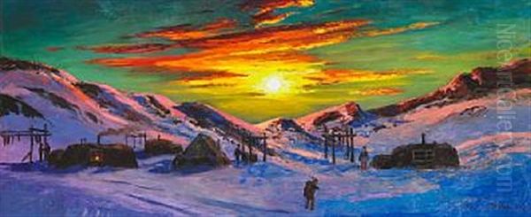 Sunset Over A Settlement In Greenland Oil Painting by Emanuel A. Petersen