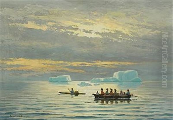 Greenlandic Landscape With Women's Boat And Kayak Oil Painting by Emanuel A. Petersen