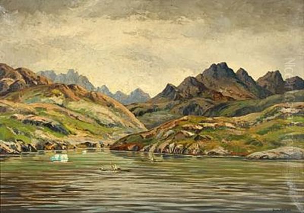 A Kayak Oarsman In A Bay By Angmagssalik, East Greenland Oil Painting by Emanuel A. Petersen